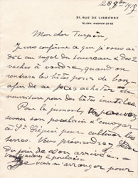 Lettre du Comte Pillet-Will Vieux-Moulin 1915